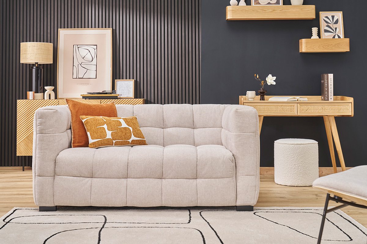 Canap design 2 places en tissu effet velours textur beige CORTO
