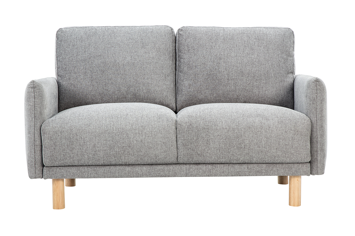 Canap� 2 places en tissu effet velours gris, pieds en bois clair, vue de face.