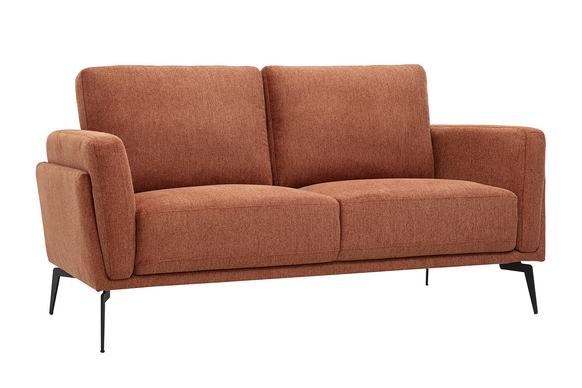 Canap� design 2 places en tissu terre br�l�e avec pieds en m�tal noir, vue de 3/4.
