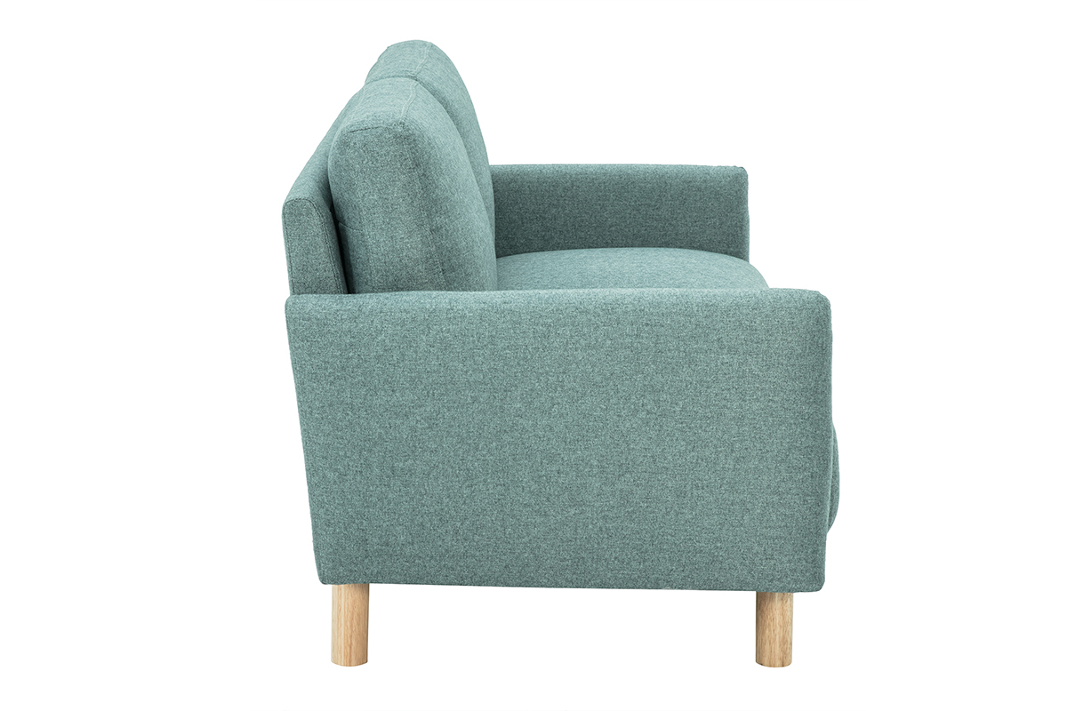 Canap� 2 places en tissu vert de gris, vue de c�t�, pieds en bois clair.
