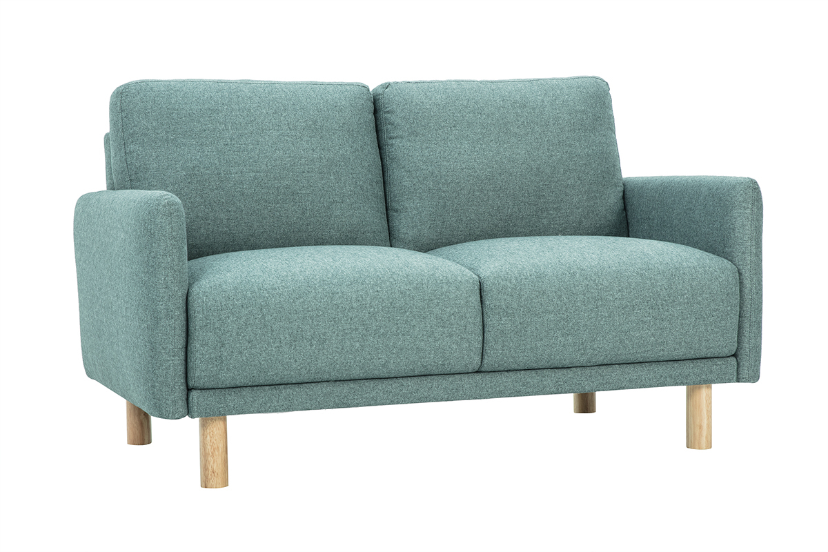 Canap� 2 places vert de gris en tissu, pieds en bois clair, vue de 3/4.