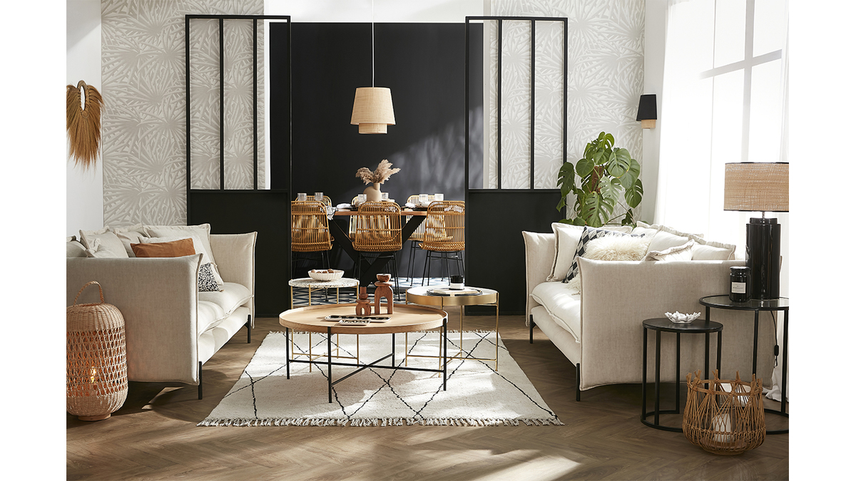 Canapé design 3-4 places en tissu velours beige et métal noir ALMAR