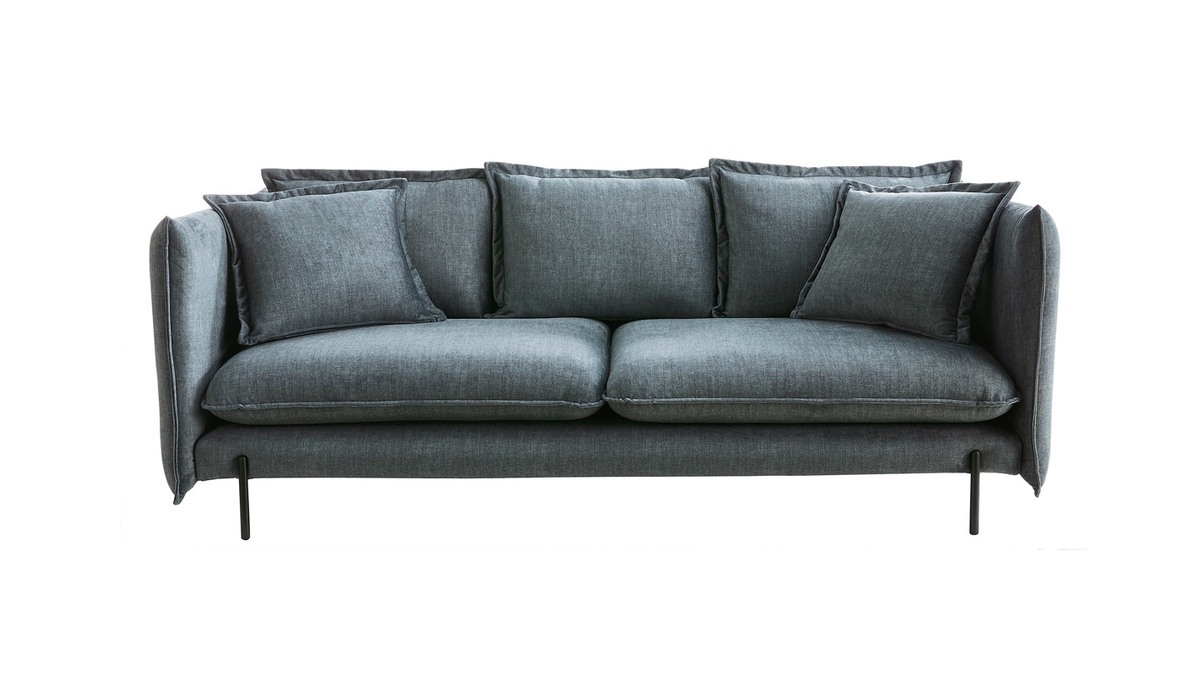 Canapé design 3-4 places en tissu velours bleu gris et métal noir ALMAR