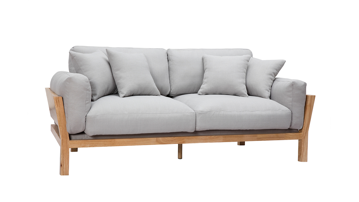 Canapé design 3 places déhoussable gris clair et bois KYO