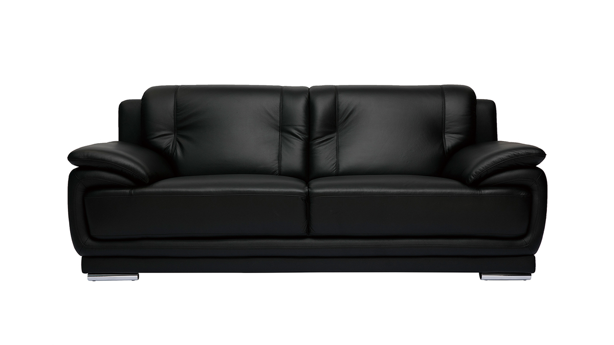 Canapé design 3 places en cuir noir et acier chromé TAMARA