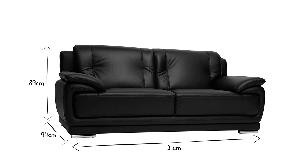 Canapé design 3 places en cuir noir et acier chromé TAMARA
