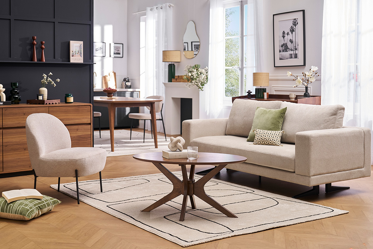 Canap design 3 places en tissu chenille beige et mtal noir LENNON