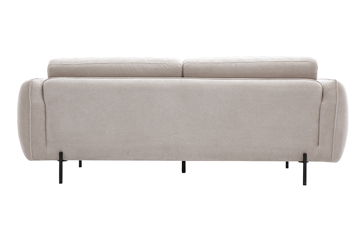 Vue arrire d'un canap 3 places en tissu chenille beige, pieds en mtal noir.