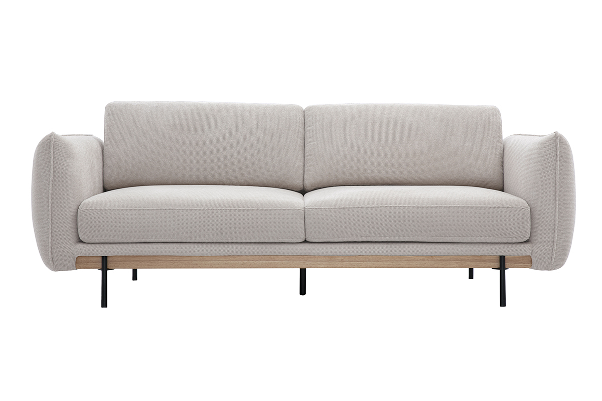 Canap TODD 3 places en tissu chenille beige et mtal noir, vue de face.