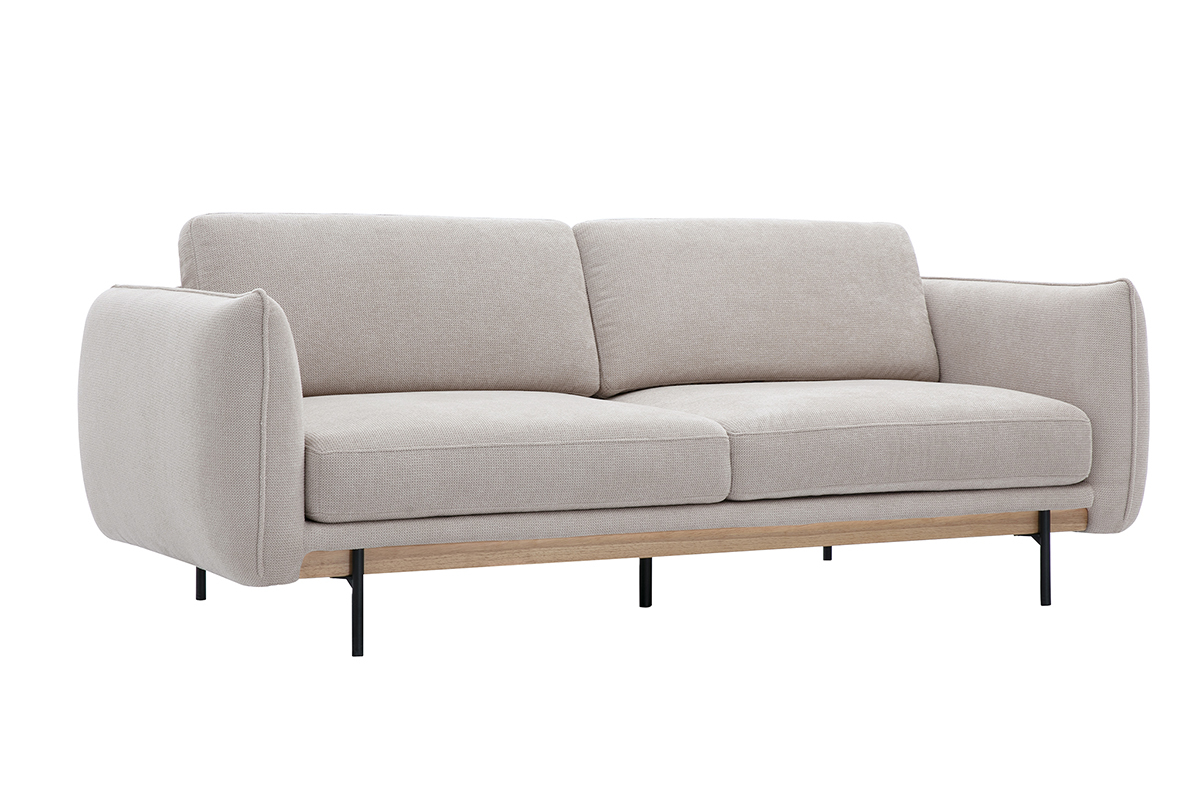 Canap 3 places en tissu beige avec pieds en mtal noir, vue de 3/4.