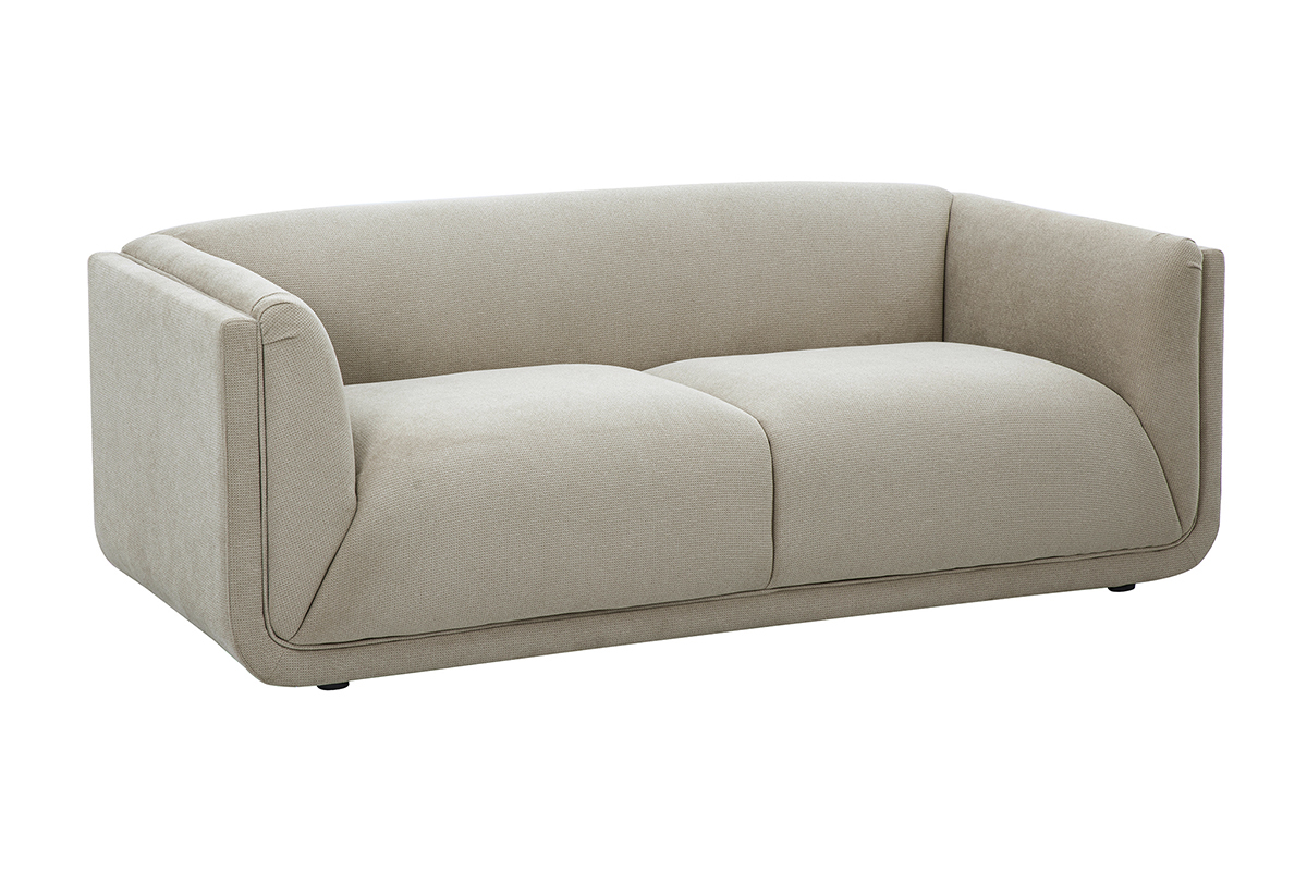 Canap 3 places beige en tissu chenille, vue de trois quarts avec accoudoirs intgrs.