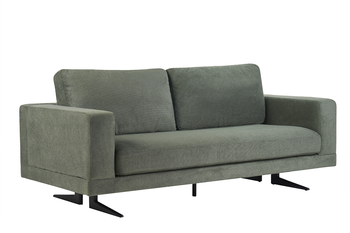 Canap design 3 places en tissu chenille vert kaki et mtal noir LENNON