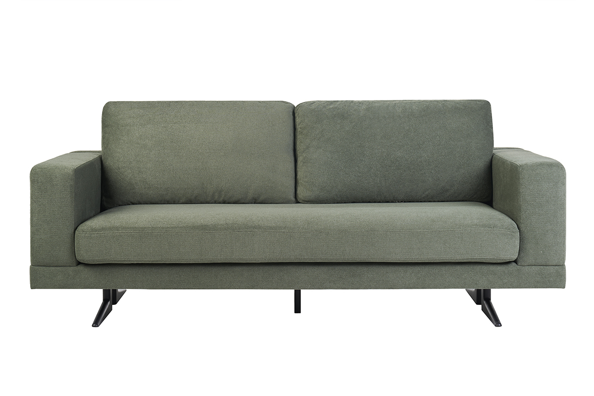 Canap design 3 places en tissu chenille vert kaki et mtal noir LENNON