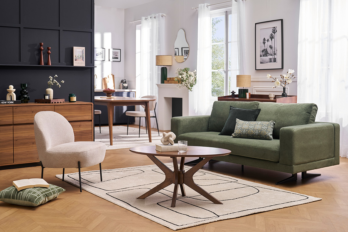 Canap design 3 places en tissu chenille vert kaki et mtal noir LENNON