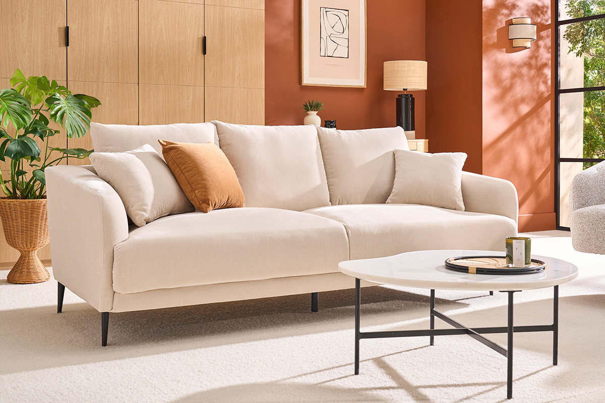 Canap design 3 places en tissu effet velours beige et mtal noir JERRY