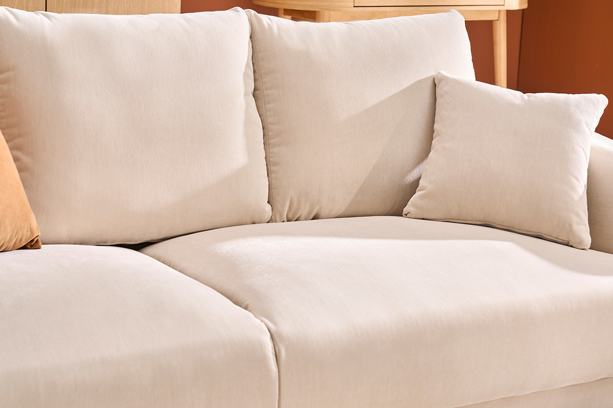 Canap design 3 places en tissu effet velours beige et mtal noir JERRY