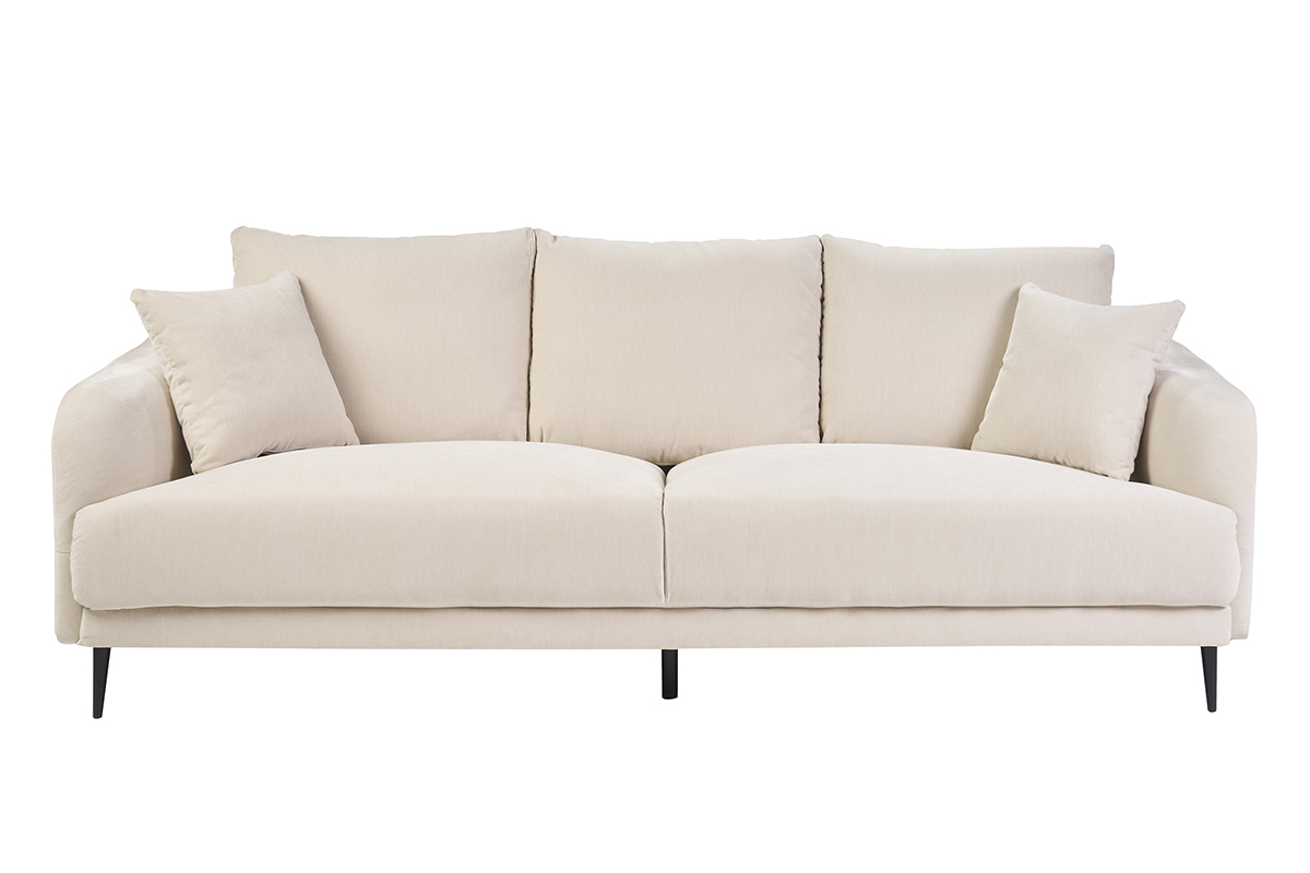 Canap design 3 places en tissu effet velours beige et mtal noir JERRY