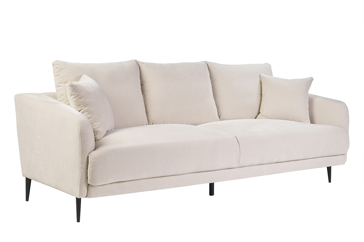 Canap design 3 places en tissu effet velours beige et mtal noir JERRY
