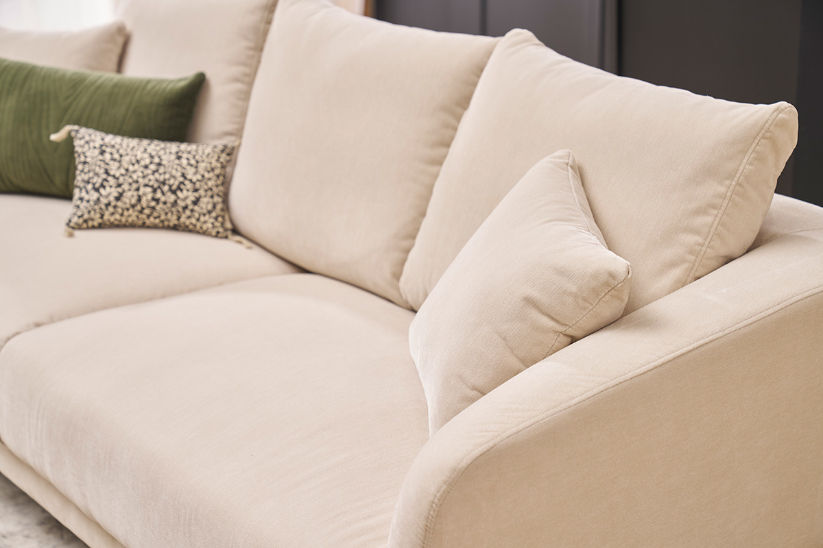 Canap design 3 places en tissu effet velours beige et mtal noir JERRY