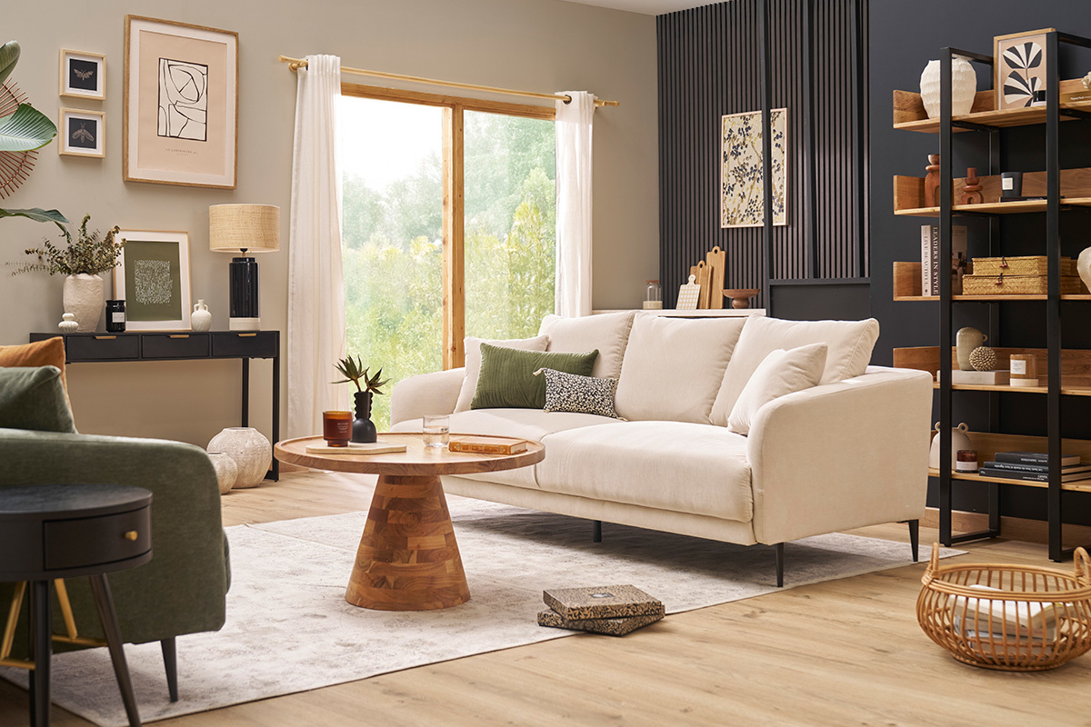 Canap design 3 places en tissu effet velours beige et mtal noir JERRY