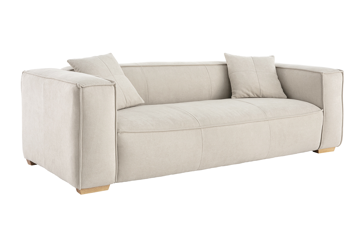 Canap design 3 places en tissu effet velours beige naturel et bois clair COBAIN