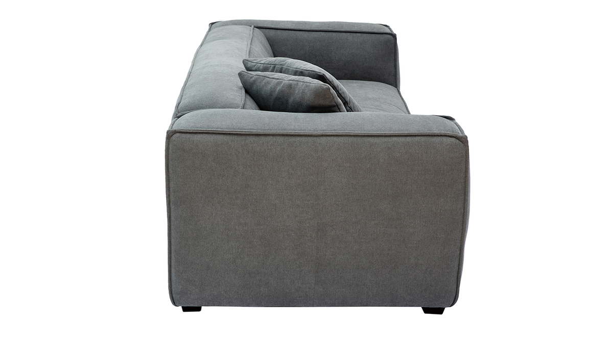Canapé design 3 places en tissu effet velours gris et bois noir COBAIN