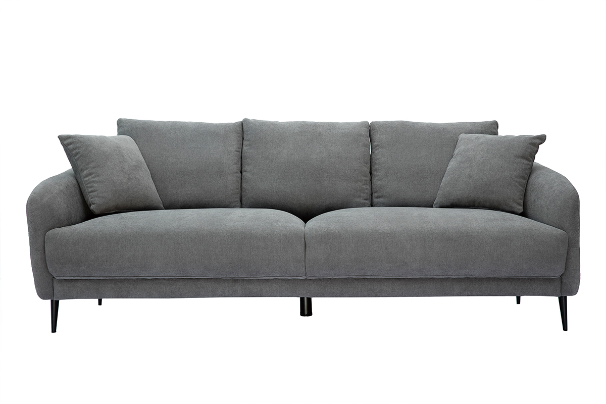 Canap design 3 places en tissu effet velours gris et mtal noir JERRY