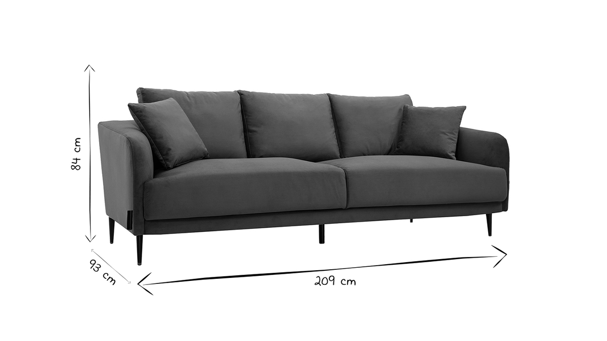 Canapé design 3 places en tissu effet velours gris et métal noir JERRY