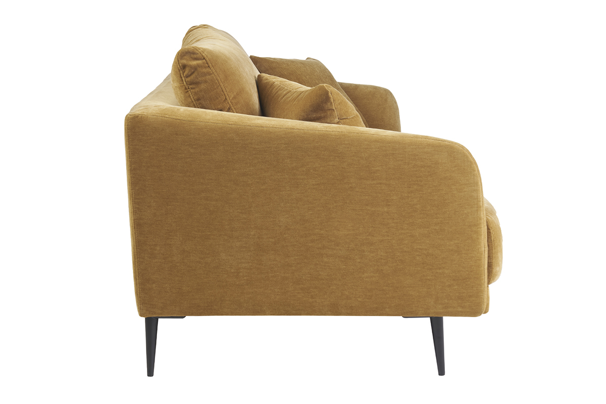Canap design 3 places en tissu effet velours jaune curry et mtal noir JERRY
