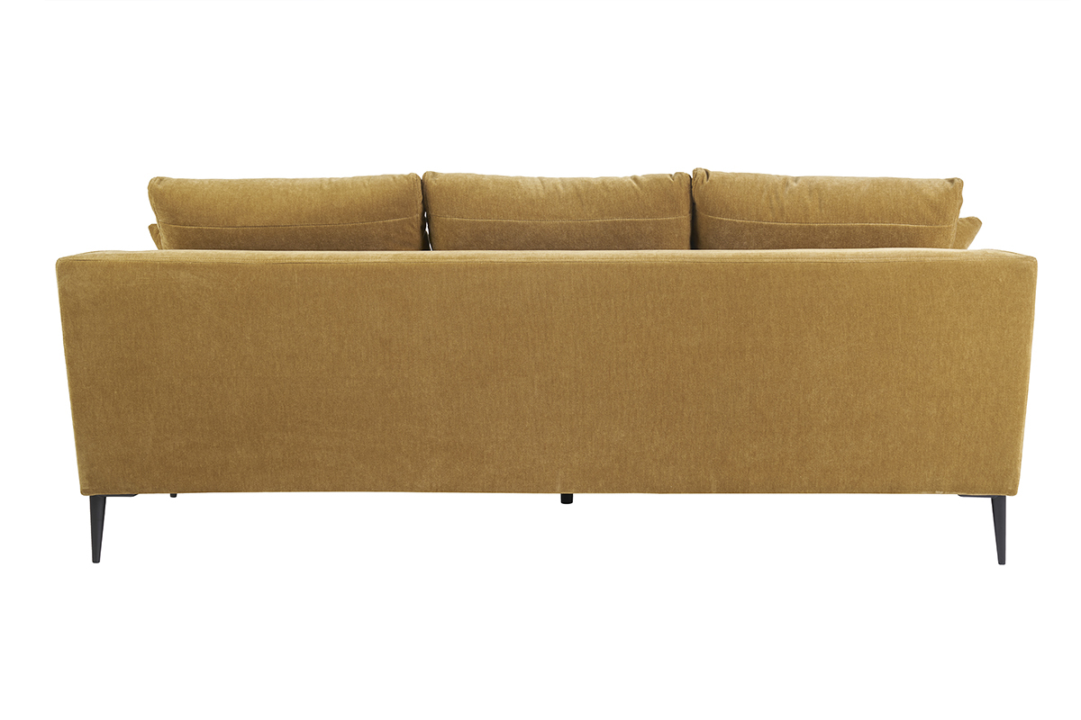 Canap design 3 places en tissu effet velours jaune curry et mtal noir JERRY