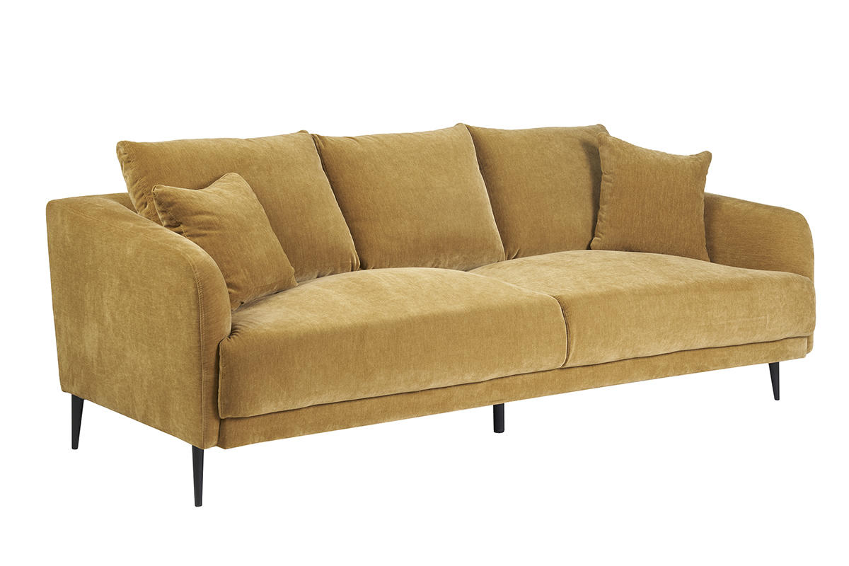 Canap design 3 places en tissu effet velours jaune curry et mtal noir JERRY