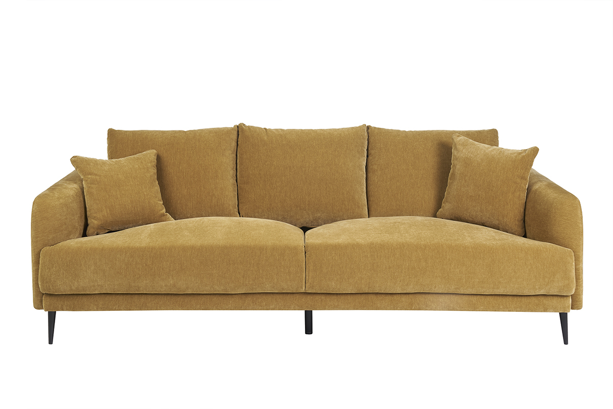 Canap design 3 places en tissu effet velours jaune curry et mtal noir JERRY