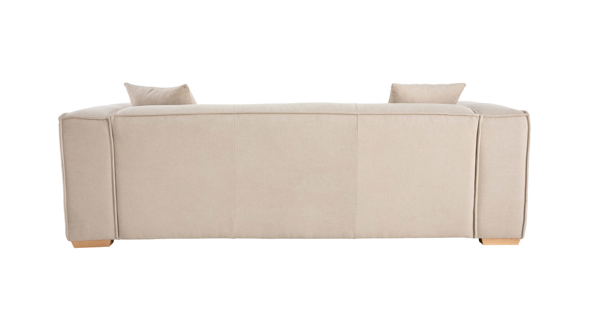 Canapé design 3 places en tissu effet velours naturel et bois clair COBAIN