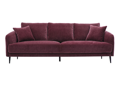 Canap&eacute; design 3 places en tissu effet velours prune et m&eacute;tal noir JERRY