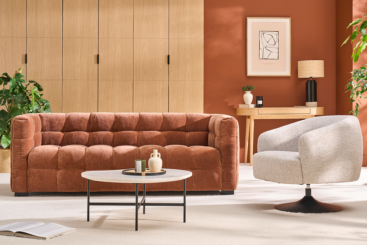 Canap design 3 places en tissu effet velours terre brle CORTO