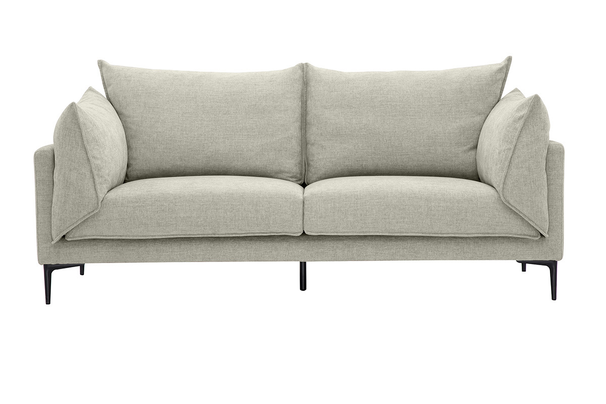 Canap� 3 places en tissu beige et pieds en m�tal noir, vue de face.
