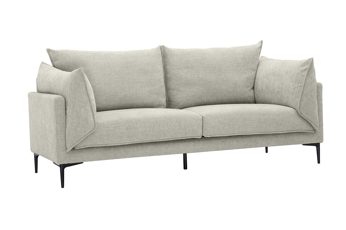 Canap� 3 places en tissu beige avec pieds en m�tal noir, vue de trois quarts.