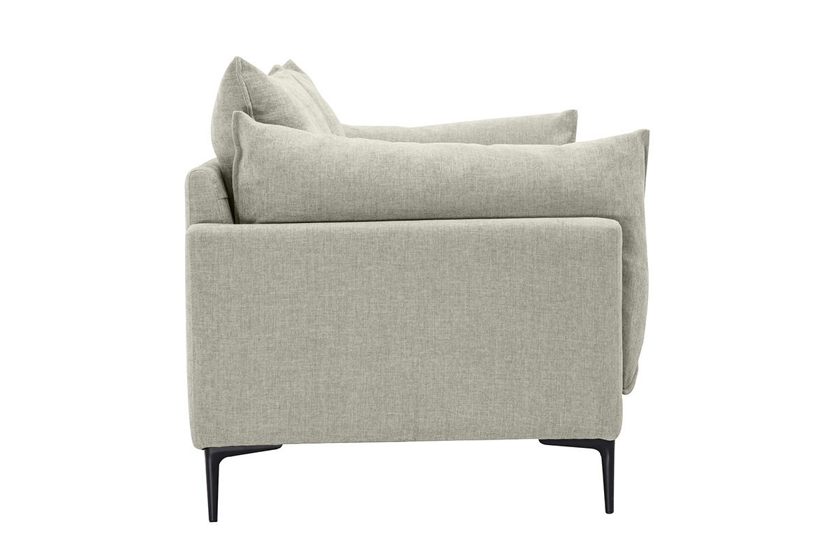 Canap� 3 places beige MARIUS en vue lat�rale, pieds en m�tal noir.