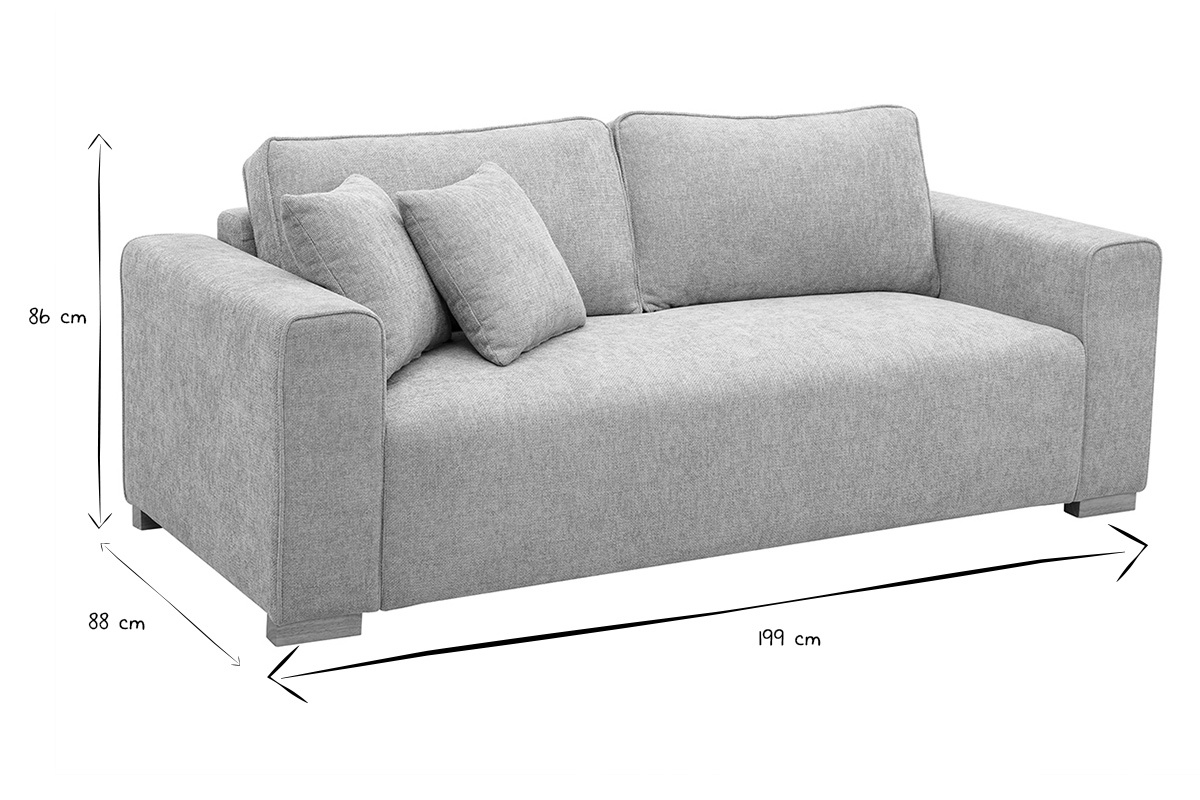 Canap 3 places en tissu effet velours beige avec dimensions L199 x P88 x H86 cm.