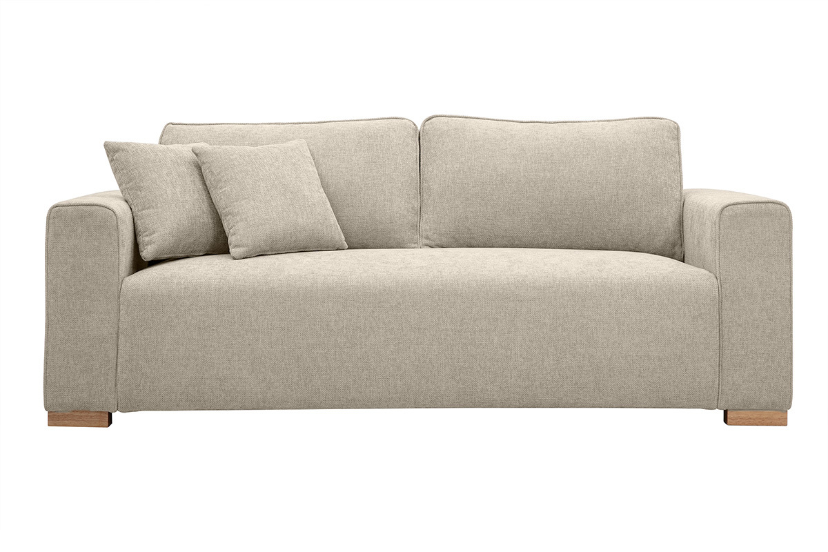 Canap beige 3 places en tissu effet velours textur avec pieds en bois massif
