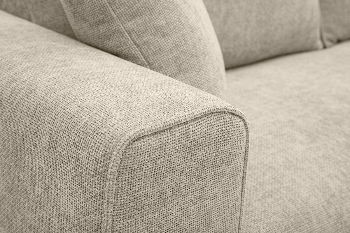 Canap 3 places beige en tissu effet velours textur avec pieds en bois massif, accoudoirs larges