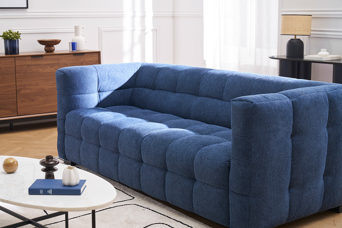 Canap design 3 places en tissu effet velours textur bleu fonc CORTO