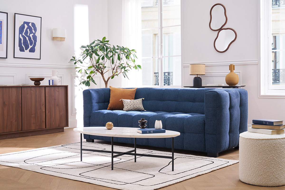 Canap design 3 places en tissu effet velours textur bleu fonc CORTO