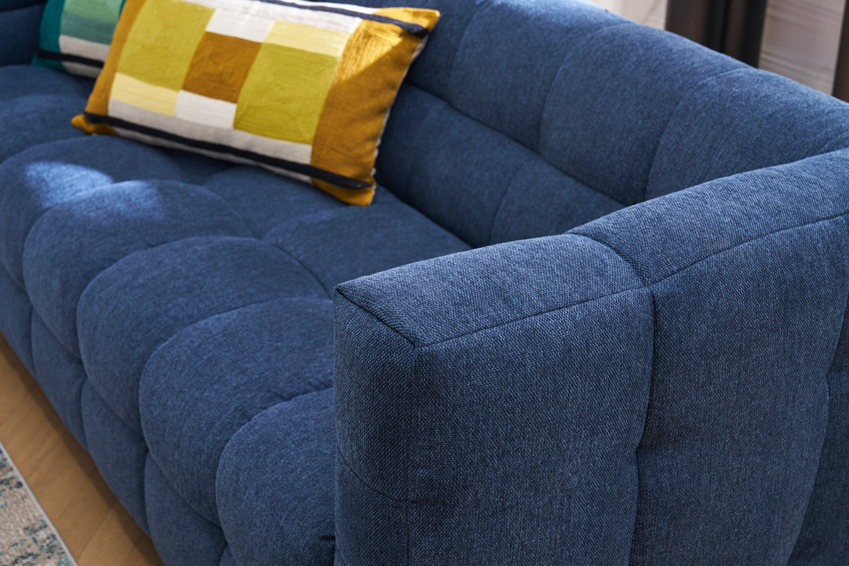 Canap design 3 places en tissu effet velours textur bleu fonc CORTO