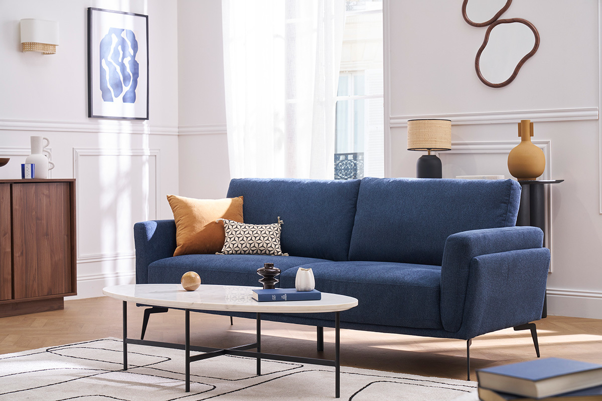 Canap design 3 places en tissu effet velours textur bleu fonc et mtal noir MOSCO