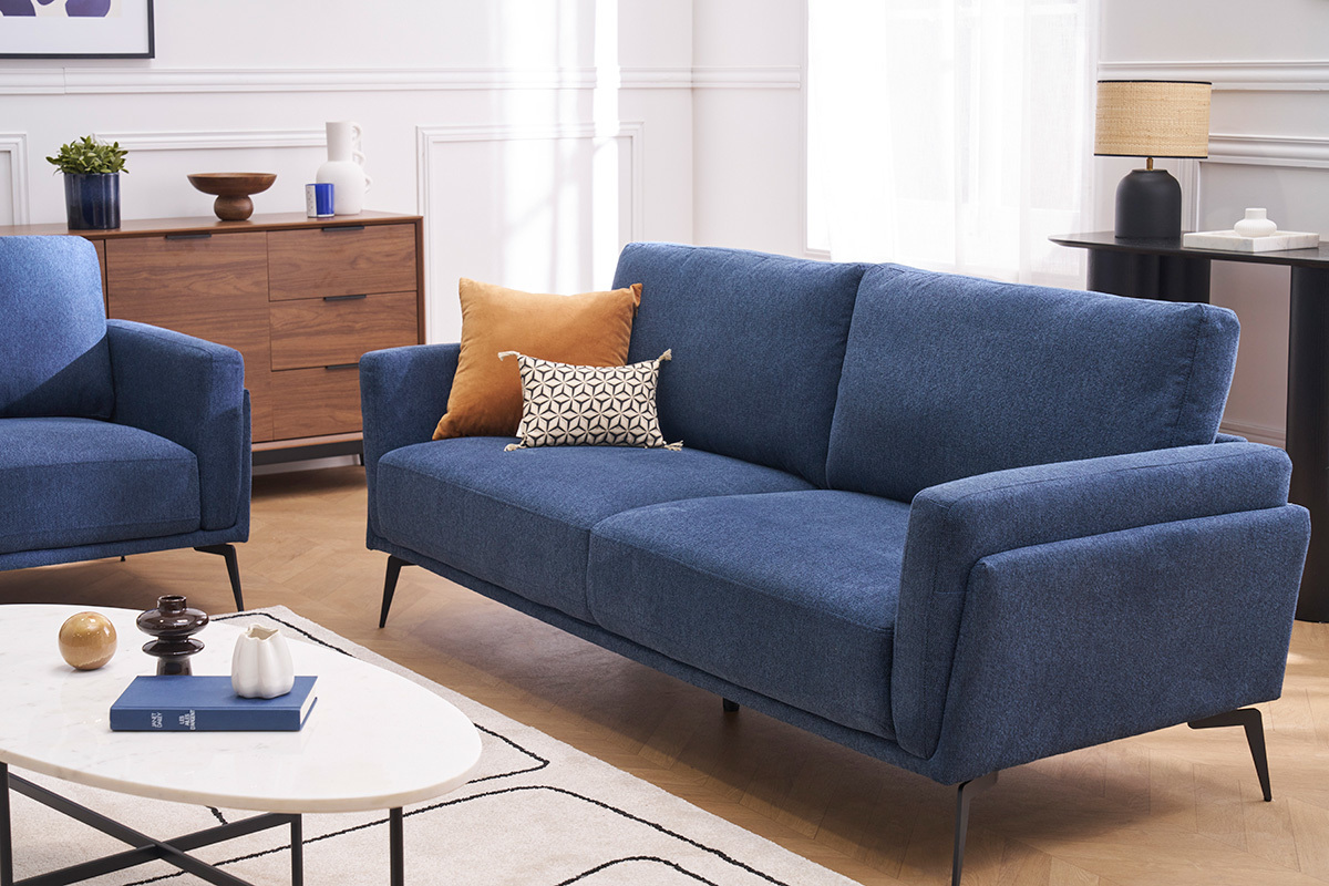 Canap design 3 places en tissu effet velours textur bleu fonc et mtal noir MOSCO