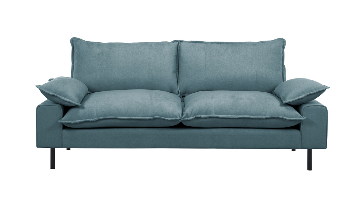 Canapé design 3 places en tissu effet velours texturé bleu gris et métal noir DORY