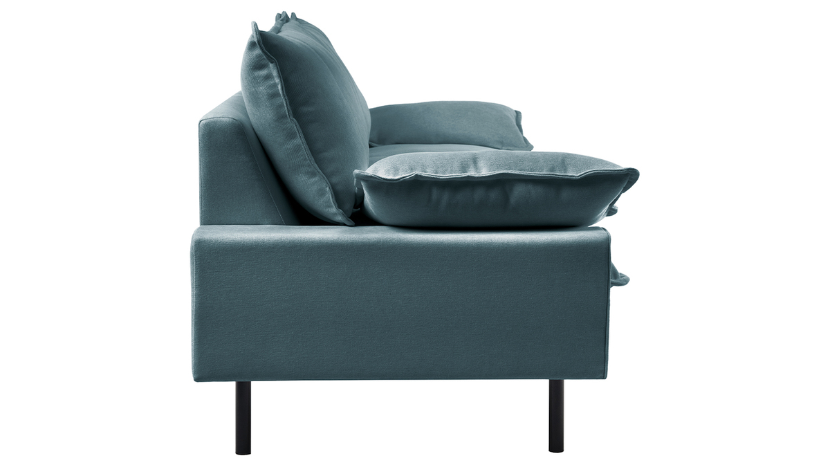 Canapé design 3 places en tissu effet velours texturé bleu gris et métal noir DORY