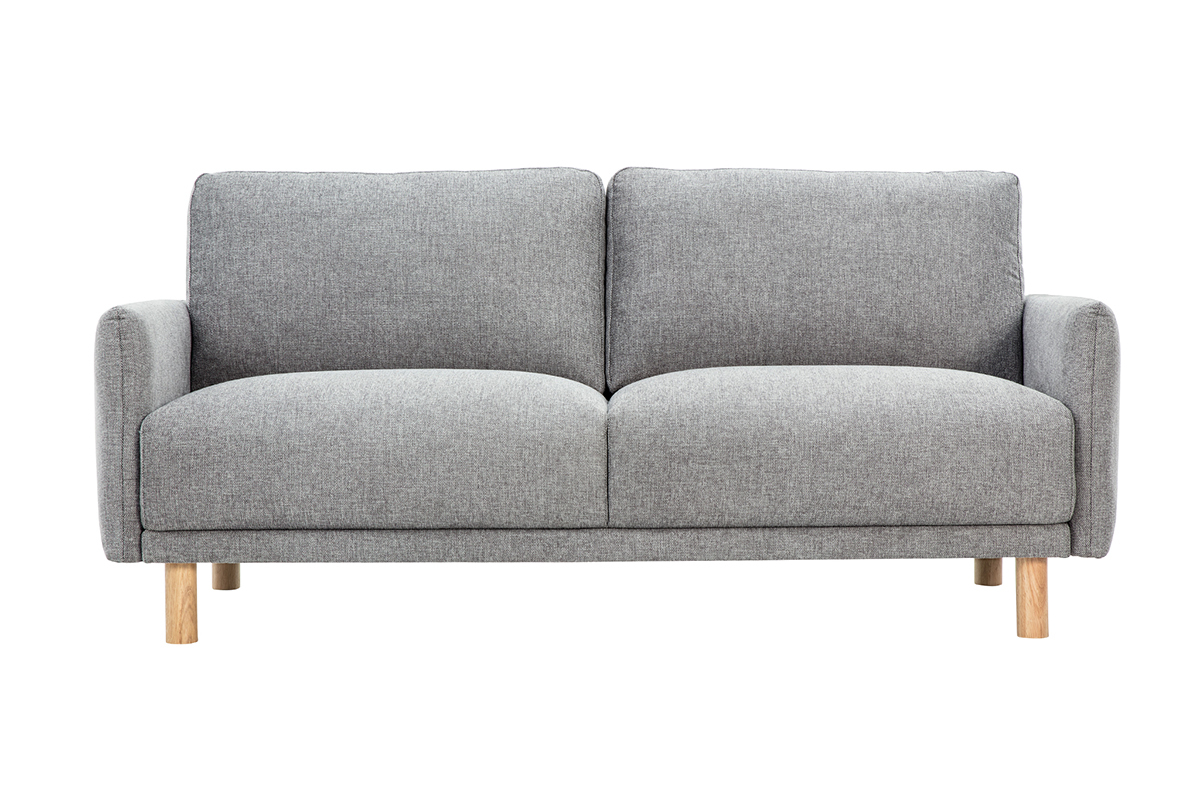 Canap� 3 places gris en tissu effet velours, pieds en bois clair, vue de face.