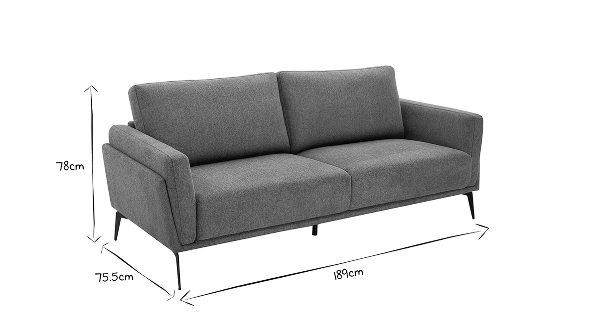 Canapé design 3 places en tissu effet velours texturé gris et métal noir MOSCO